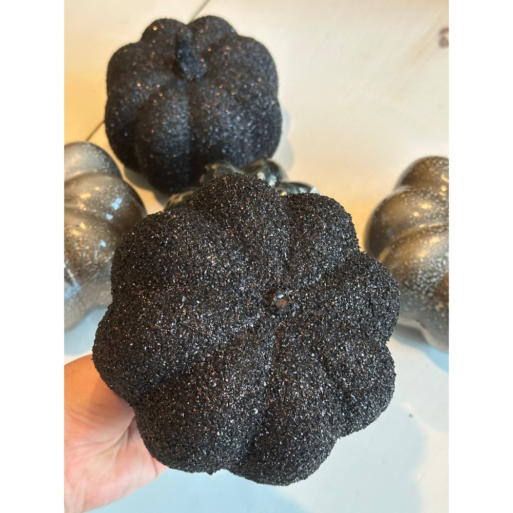 Black and Silver Decorative Pumpkins Set of 5 Glitter Marble Speckled Halloween - Picture 7 of 11